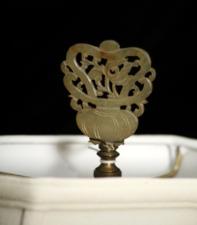 Carved Green Quartz Temple Lion Lamp